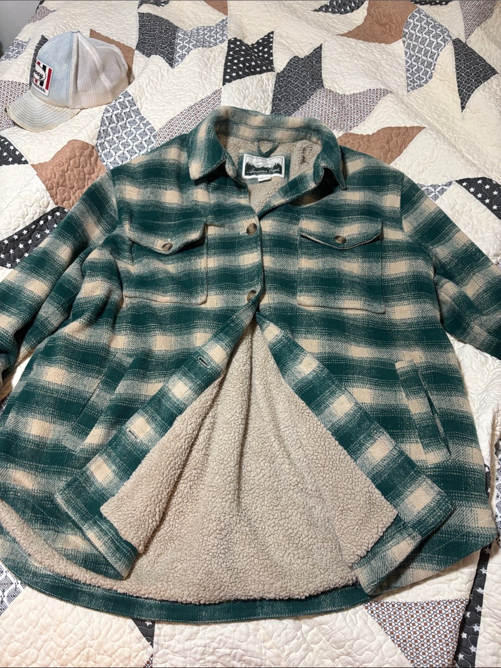 American eagle Green and Cream Plaid Sherpa-Lined Wool Shirt Jacket